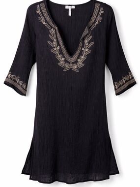 Old Navy Black Embroidered Tunic Cover Up Swimwear Beach Dress Slit Bohemian